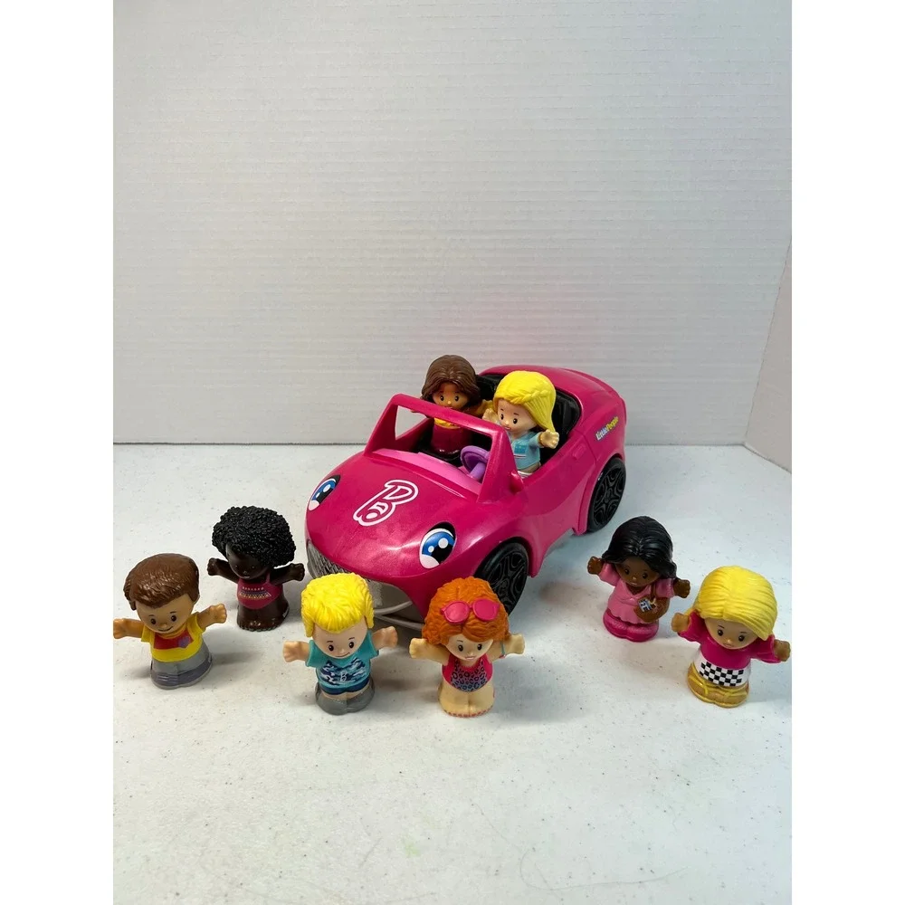 Fisher Price Little People Barbie Pink Convertible Car and 8 Figure Lot HJN55
